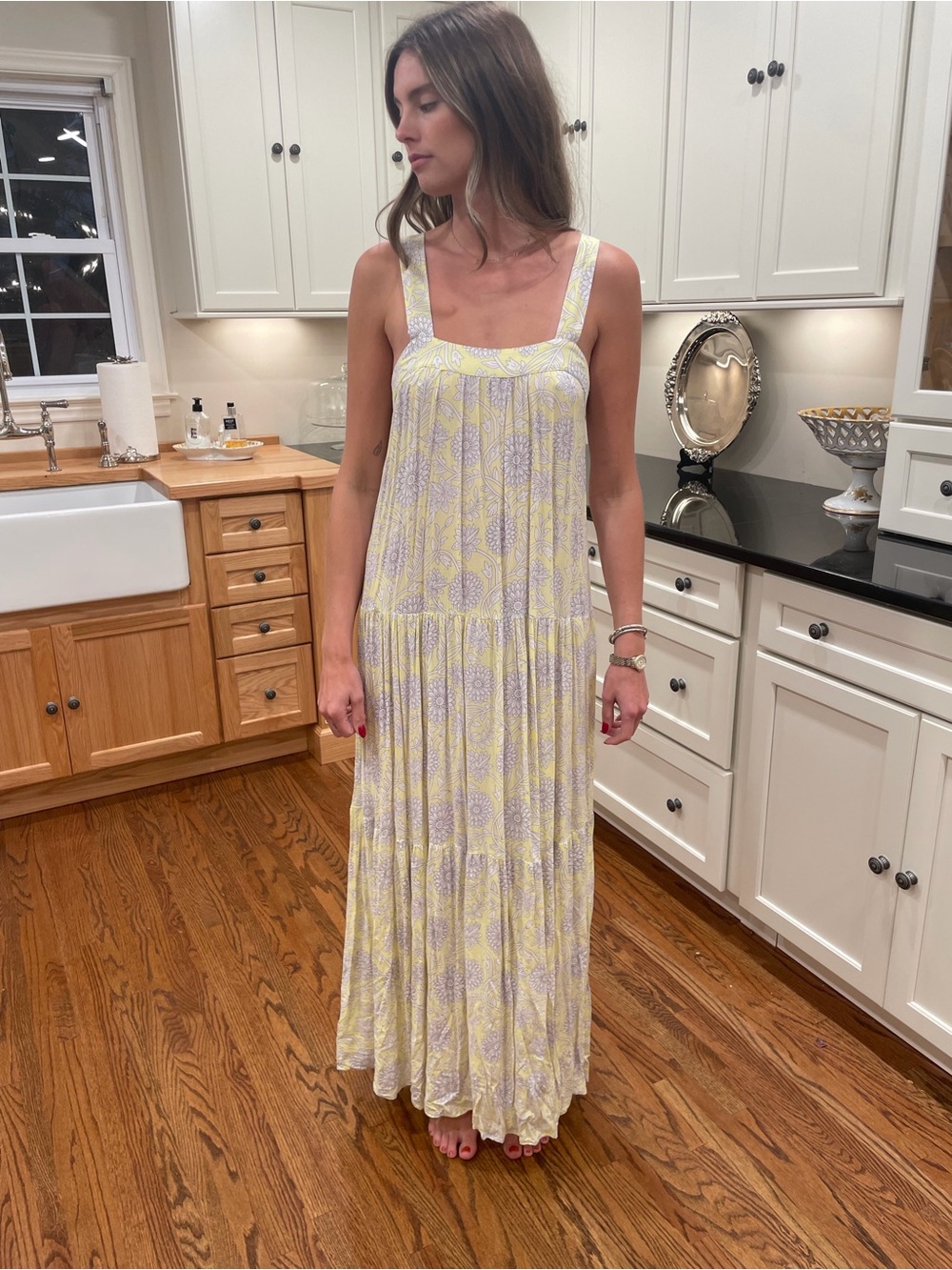 Elan Cream Yellow and Gray  Floral Tiered Maxi Dress
